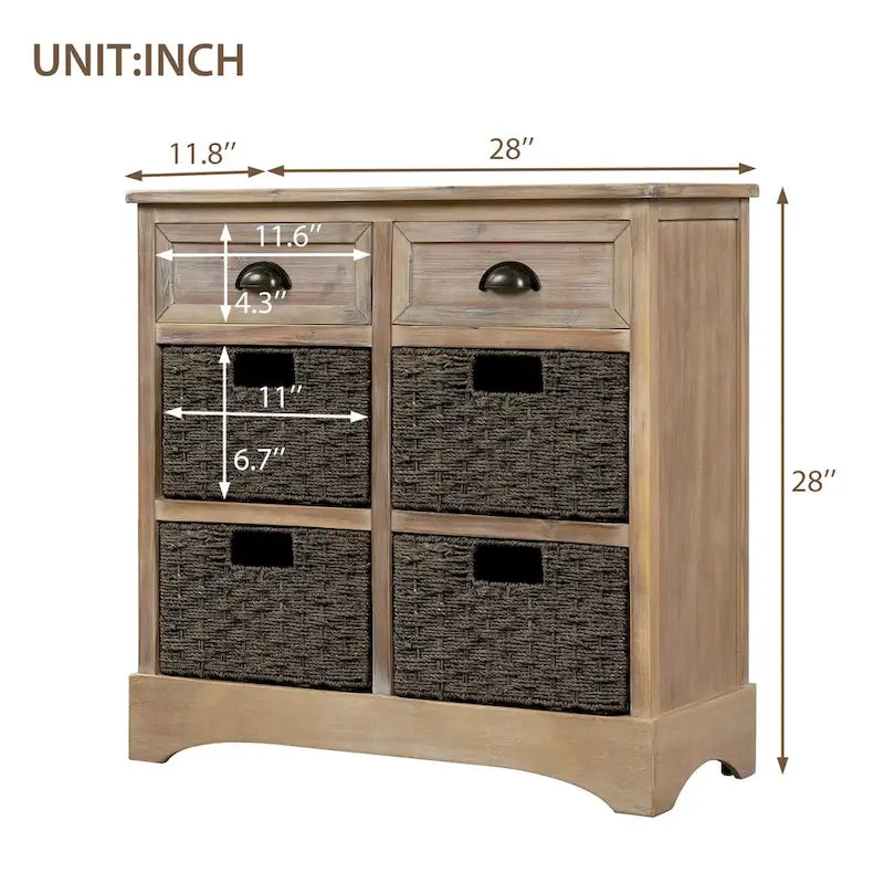 Rustic Storage Cabinet with 2 Drawers and 4 Rattan Baskets for Dining Room or Living Room
