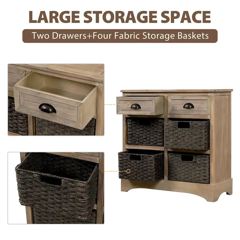 Rustic Storage Cabinet with 2 Drawers and 4 Rattan Baskets for Dining Room or Living Room