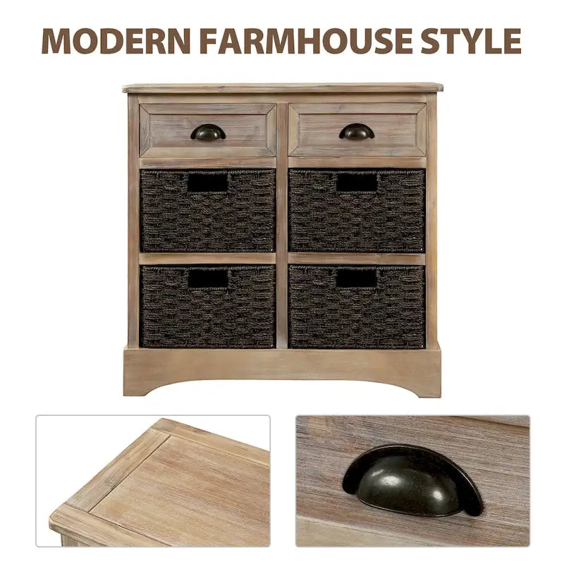 Rustic Storage Cabinet with 2 Drawers and 4 Rattan Baskets for Dining Room or Living Room