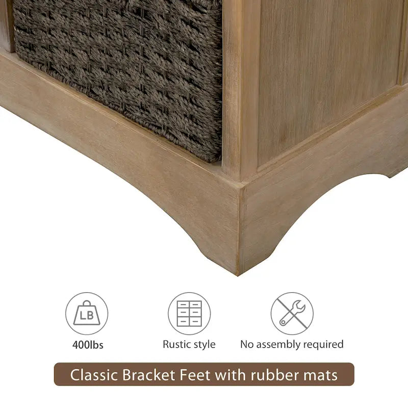 Rustic Storage Cabinet with 2 Drawers and 4 Rattan Baskets for Dining Room or Living Room