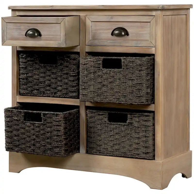 Rustic Storage Cabinet with 2 Drawers and 4 Rattan Baskets for Dining Room or Living Room