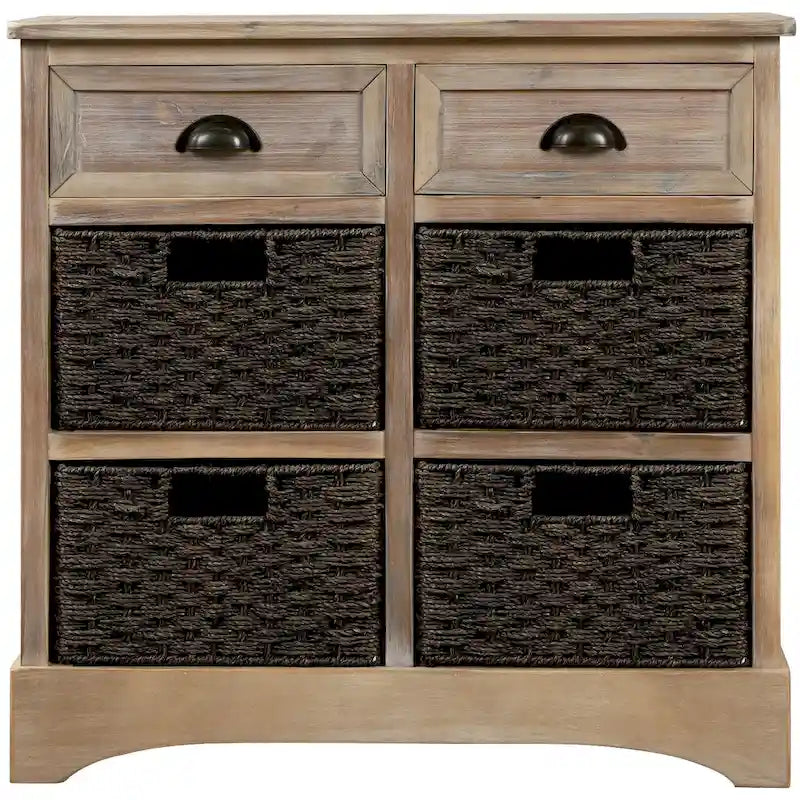 Rustic Storage Cabinet with 2 Drawers and 4 Rattan Baskets for Dining Room or Living Room
