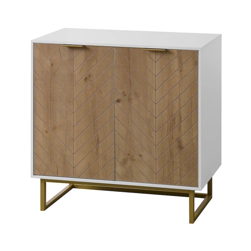 2-Door Buffet Sideboard Cabinet with Gold Handles and Herringbone Wood Pattern