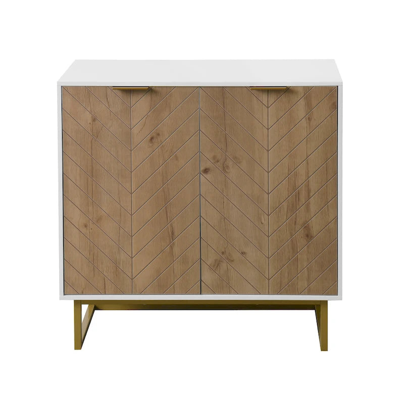 2-Door Buffet Sideboard Cabinet with Gold Handles and Herringbone Wood Pattern