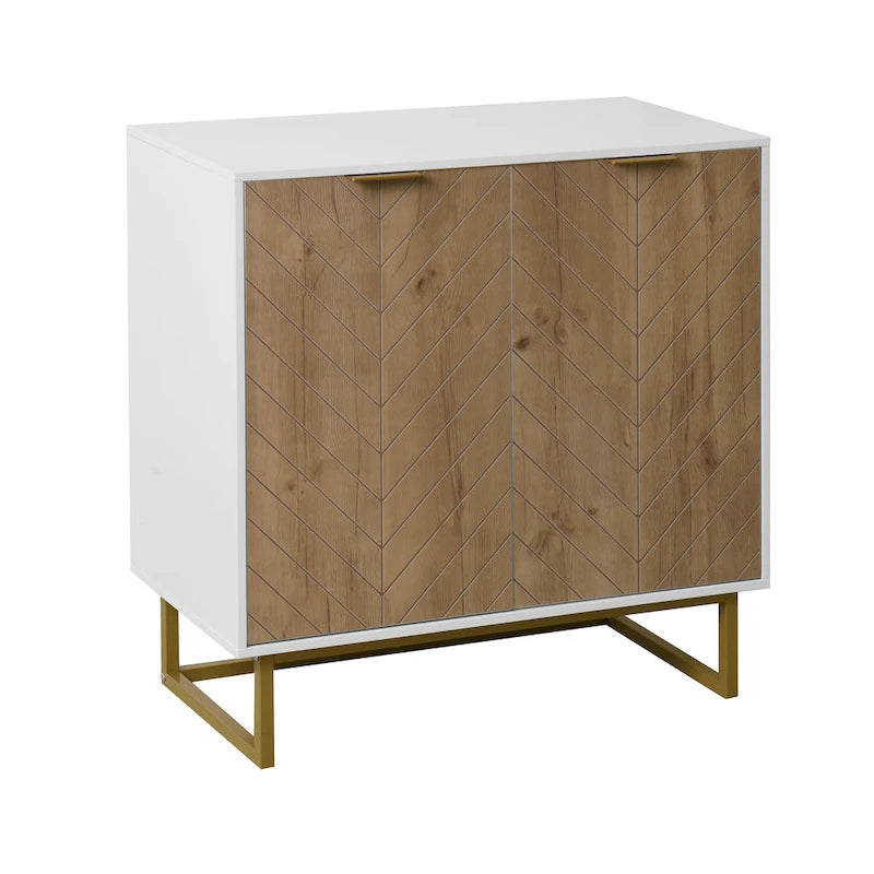 2-Door Buffet Sideboard Cabinet with Gold Handles and Herringbone Wood Pattern