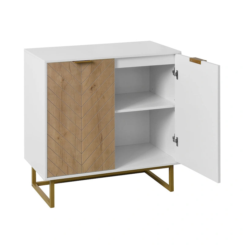 2-Door Buffet Sideboard Cabinet with Gold Handles and Herringbone Wood Pattern