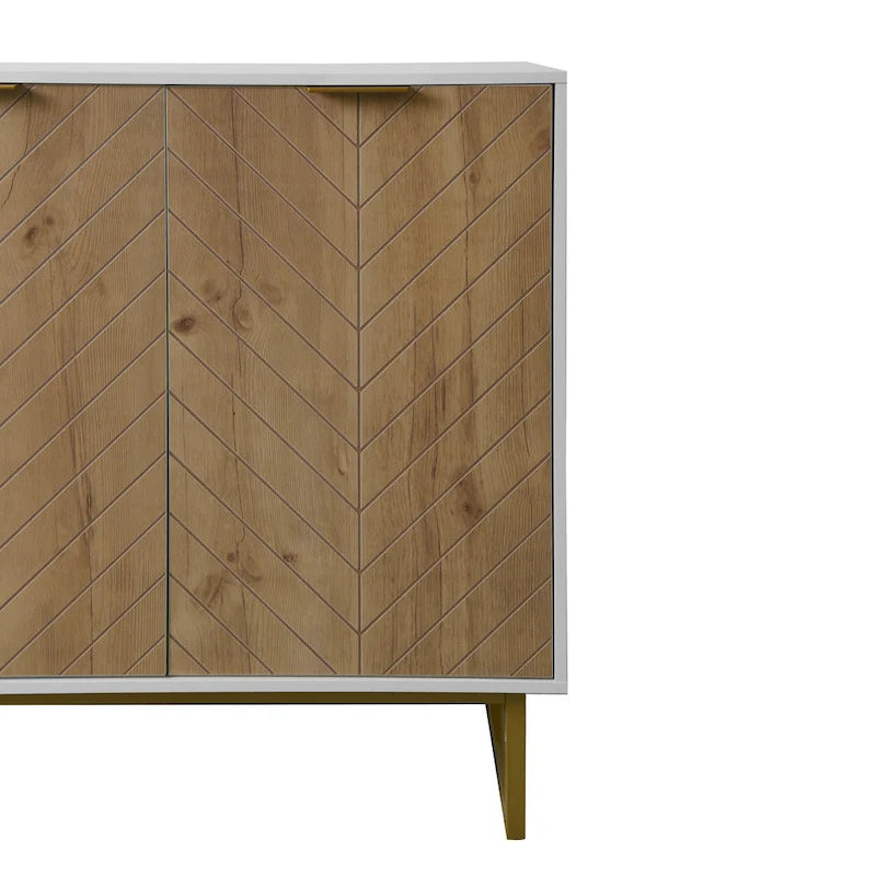 2-Door Buffet Sideboard Cabinet with Gold Handles and Herringbone Wood Pattern