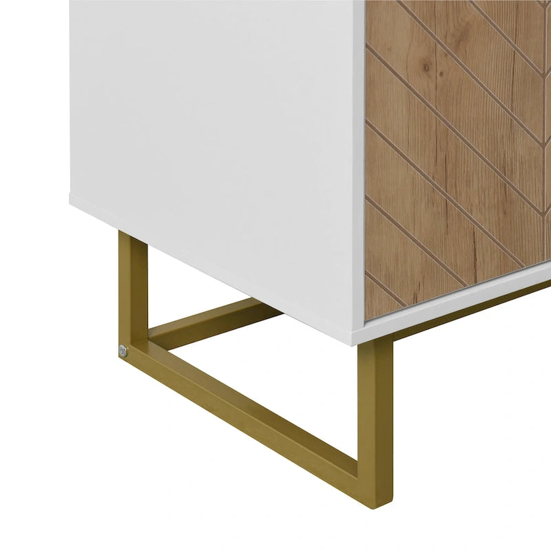 2-Door Buffet Sideboard Cabinet with Gold Handles and Herringbone Wood Pattern