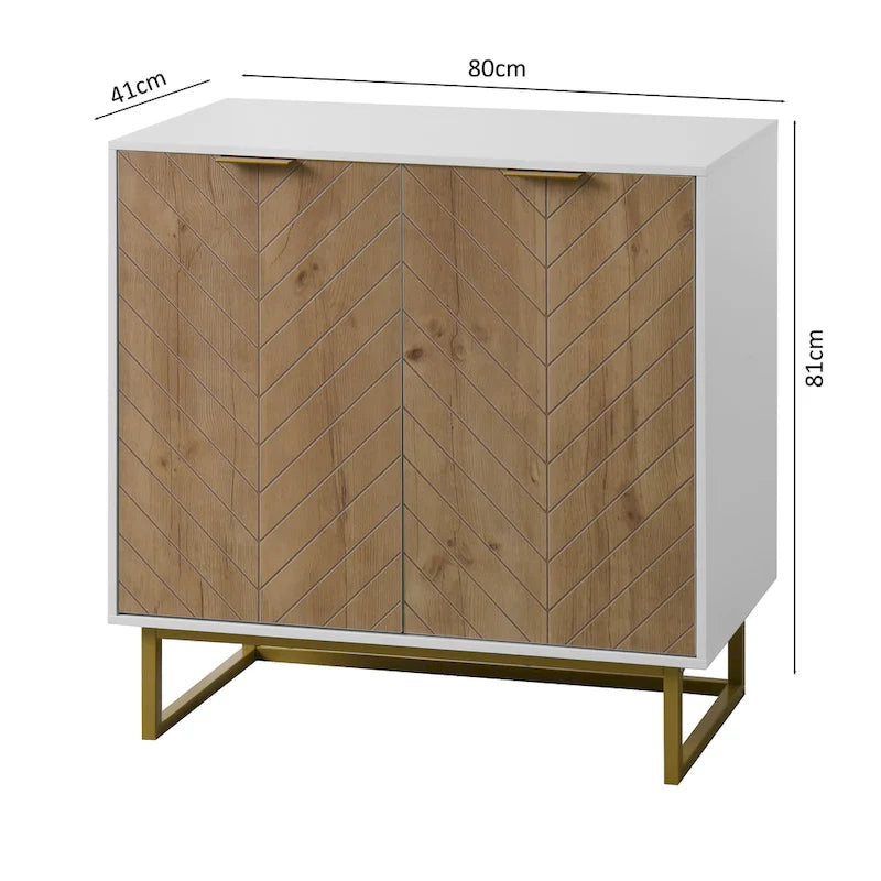 2-Door Buffet Sideboard Cabinet with Gold Handles and Herringbone Wood Pattern