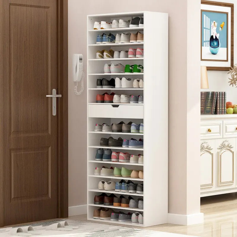White Tall Shoe Cabinet for Flats and Boots, 78H inches