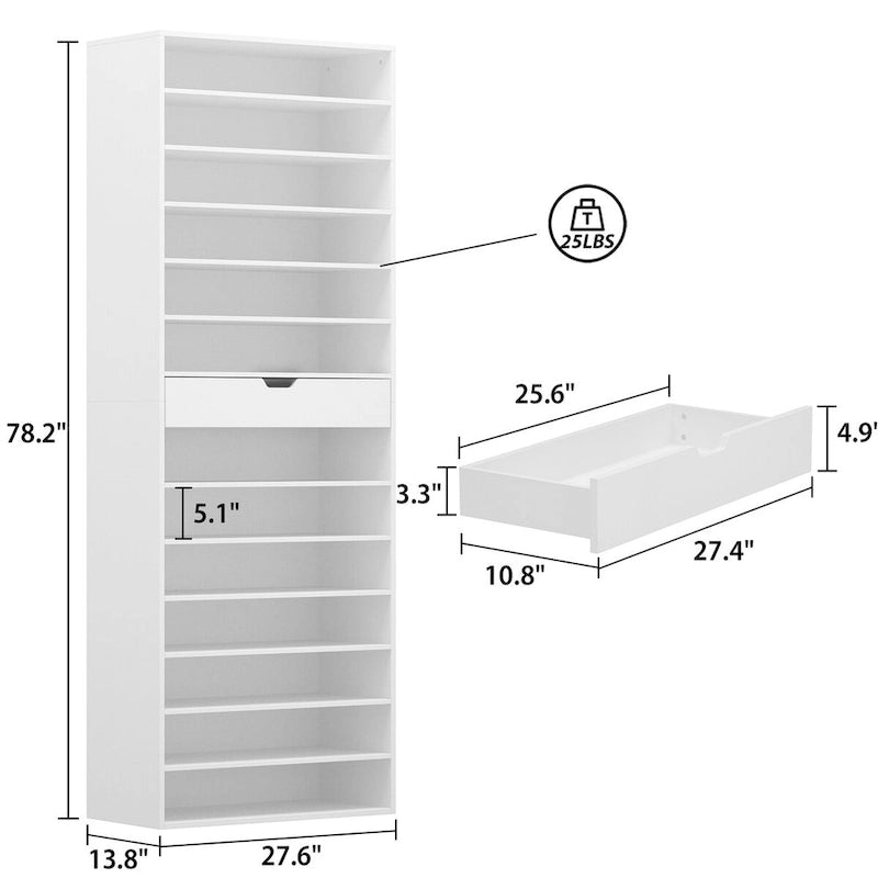 White Tall Shoe Cabinet for Flats and Boots, 78H inches
