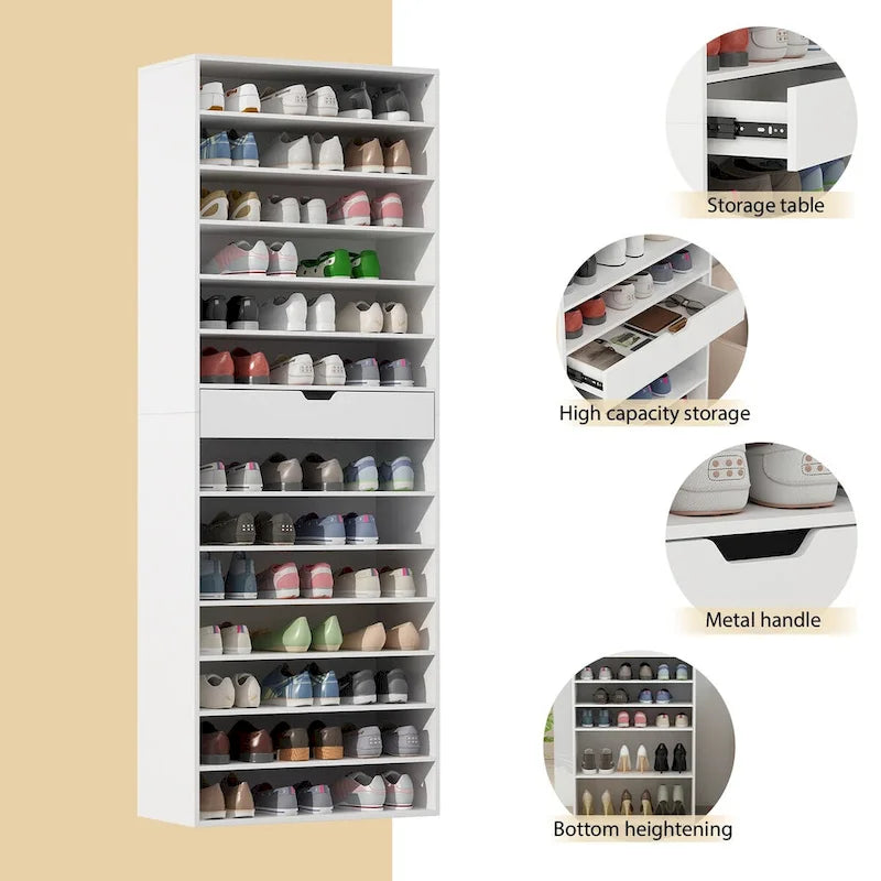 White Tall Shoe Cabinet for Flats and Boots, 78H inches