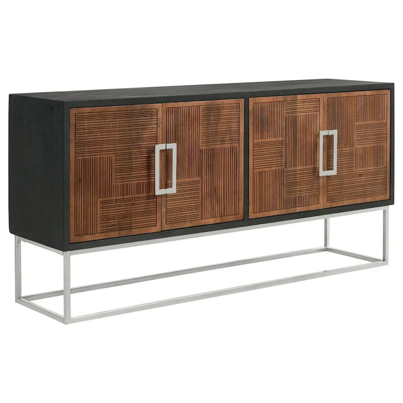 4-Door Mango Wood Sideboard Console Cabinet with Iron Frame, Walnut Finish, 67x17x33.5