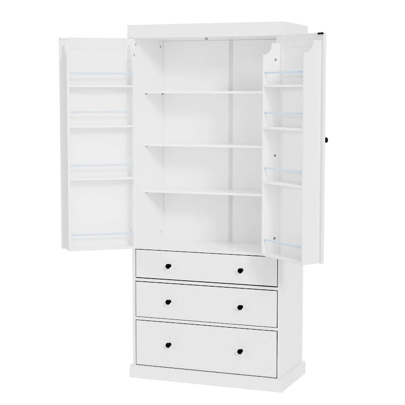77-Inch Tall Freestanding Kitchen Pantry Cabinet with 3 Drawers, 8 Door Shelves and 3 Adjustable Shelves