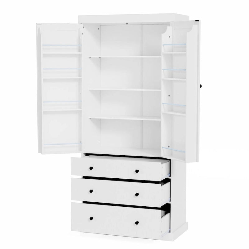 77-Inch Tall Freestanding Kitchen Pantry Cabinet with 3 Drawers, 8 Door Shelves and 3 Adjustable Shelves