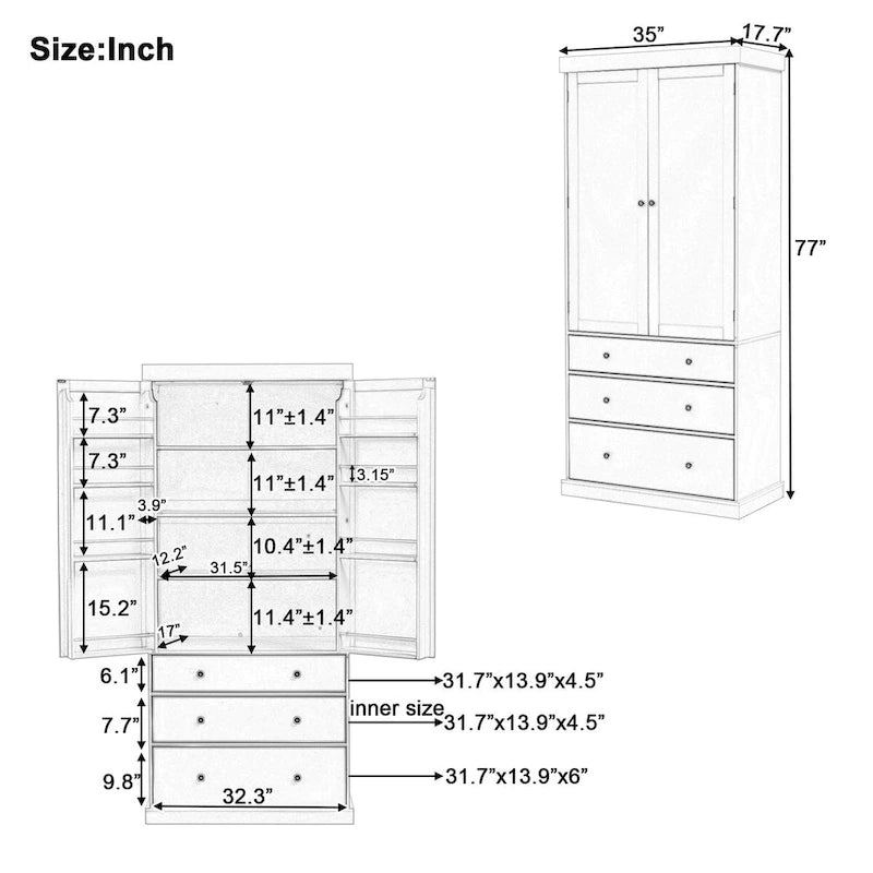 77-Inch Tall Freestanding Kitchen Pantry Cabinet with 3 Drawers, 8 Door Shelves and 3 Adjustable Shelves