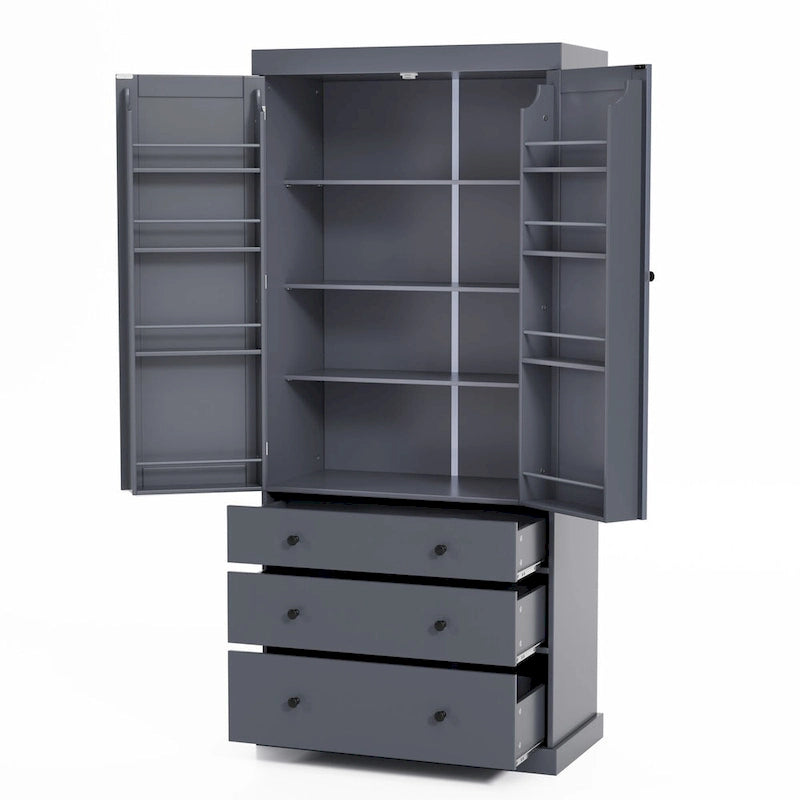 77-Inch Tall Freestanding Kitchen Pantry Cabinet with 3 Drawers, 8 Door Shelves and 3 Adjustable Shelves