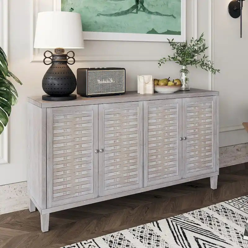 4-Door Wood Sideboard Buffet Cabinet with Rattan Weave Doors and Adjustable Shelves