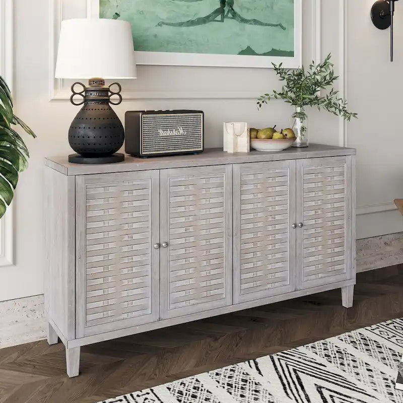 4-Door Wood Sideboard Buffet Cabinet with Rattan Weave Doors and Adjustable Shelves