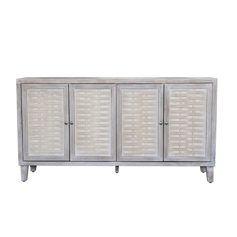 4-Door Wood Sideboard Buffet Cabinet with Rattan Weave Doors and Adjustable Shelves