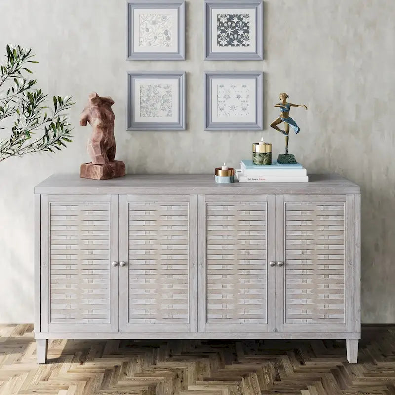 4-Door Wood Sideboard Buffet Cabinet with Rattan Weave Doors and Adjustable Shelves