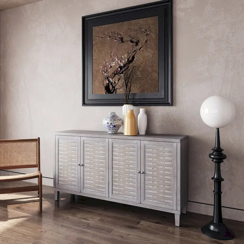 4-Door Wood Sideboard Buffet Cabinet with Rattan Weave Doors and Adjustable Shelves