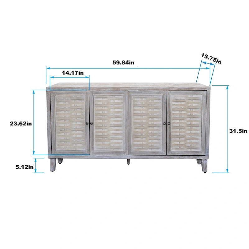 4-Door Wood Sideboard Buffet Cabinet with Rattan Weave Doors and Adjustable Shelves