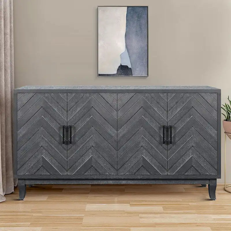 2-Cabinet Wood Dining Sideboard with Handles and Foot Pads, 59.8x15.5x32.3