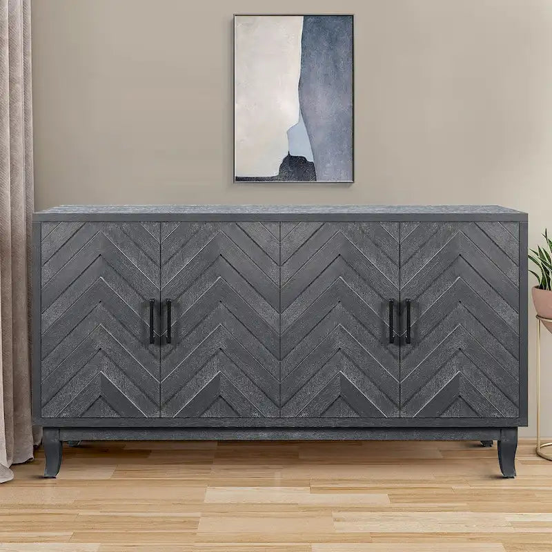 2-Cabinet Wood Dining Sideboard with Handles and Foot Pads, 59.8x15.5x32.3