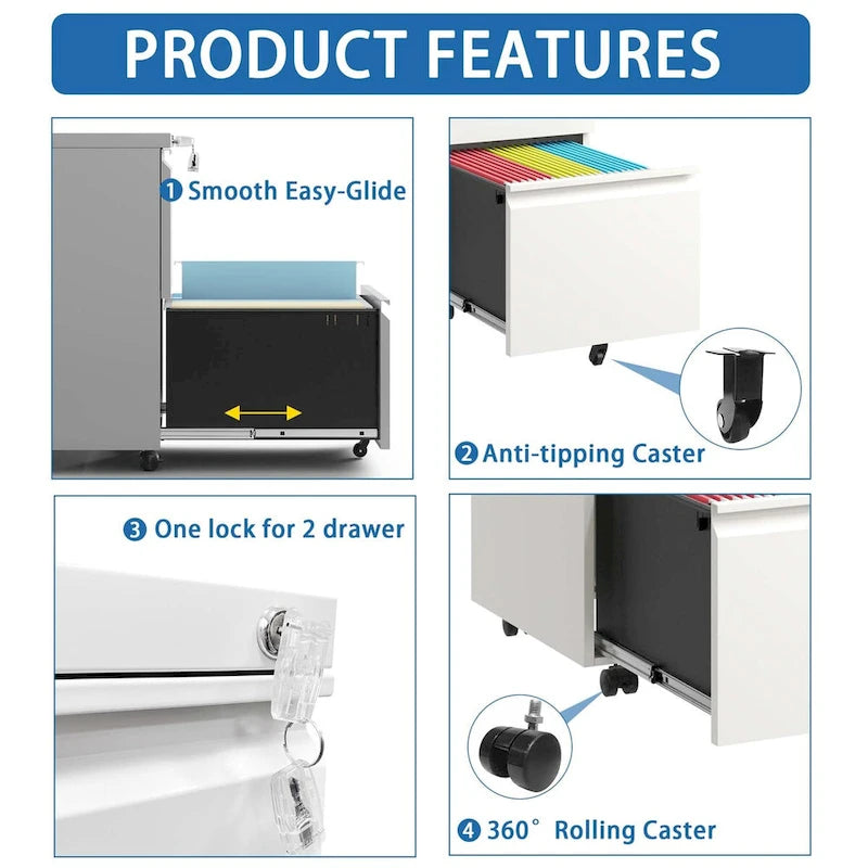 2-Drawer Rolling Metal File Cabinet with Lock for Legal, Letter and A4 Size Files, Fully Assembled