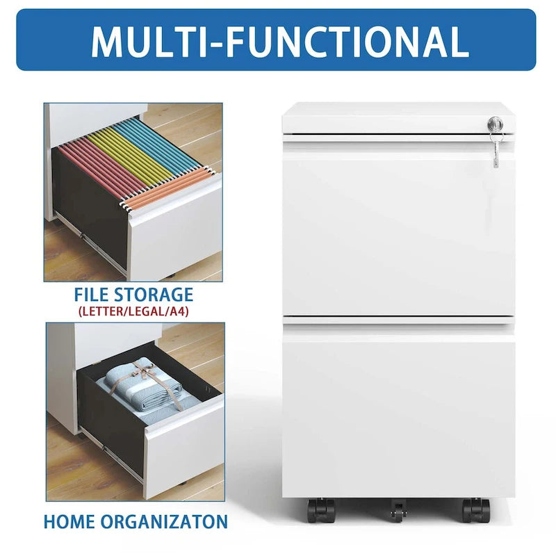 2-Drawer Rolling Metal File Cabinet with Lock for Legal, Letter and A4 Size Files, Fully Assembled