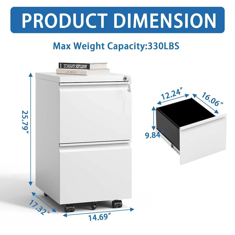 2-Drawer Rolling Metal File Cabinet with Lock for Legal, Letter and A4 Size Files, Fully Assembled