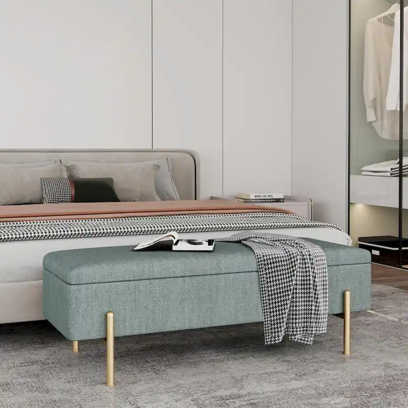 Green Chenille Upholstered Storage Bench with Gold Metal Legs and Dual Safety Hinges, 260 lbs