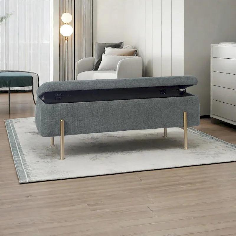 Green Chenille Upholstered Storage Bench with Gold Metal Legs and Dual Safety Hinges, 260 lbs