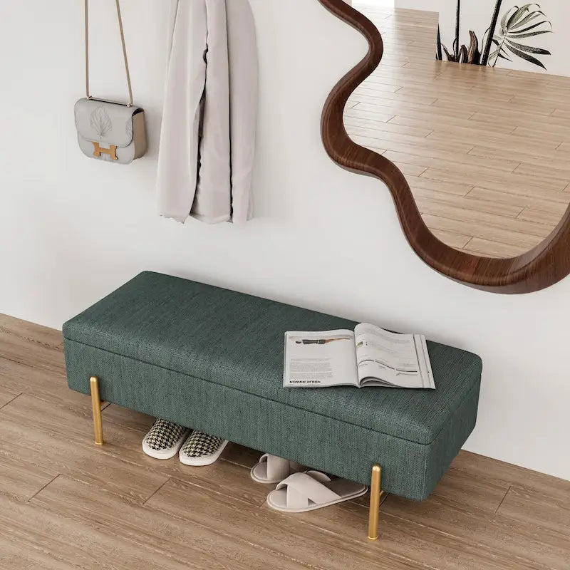 Green Chenille Upholstered Storage Bench with Gold Metal Legs and Dual Safety Hinges, 260 lbs
