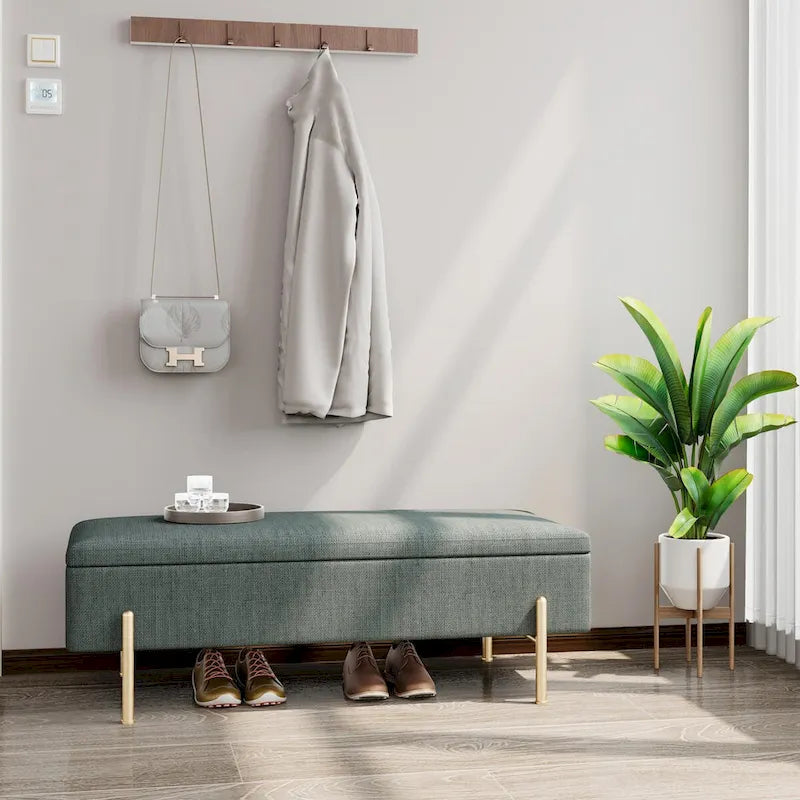 Green Chenille Upholstered Storage Bench with Gold Metal Legs and Dual Safety Hinges, 260 lbs