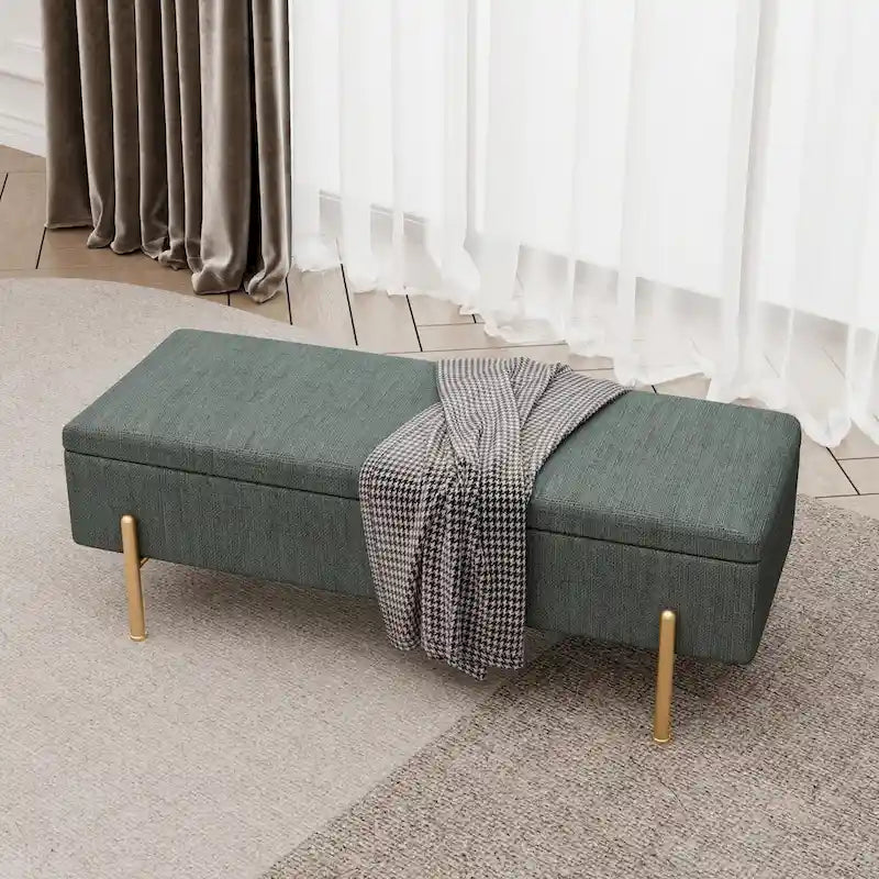 Green Chenille Upholstered Storage Bench with Gold Metal Legs and Dual Safety Hinges, 260 lbs