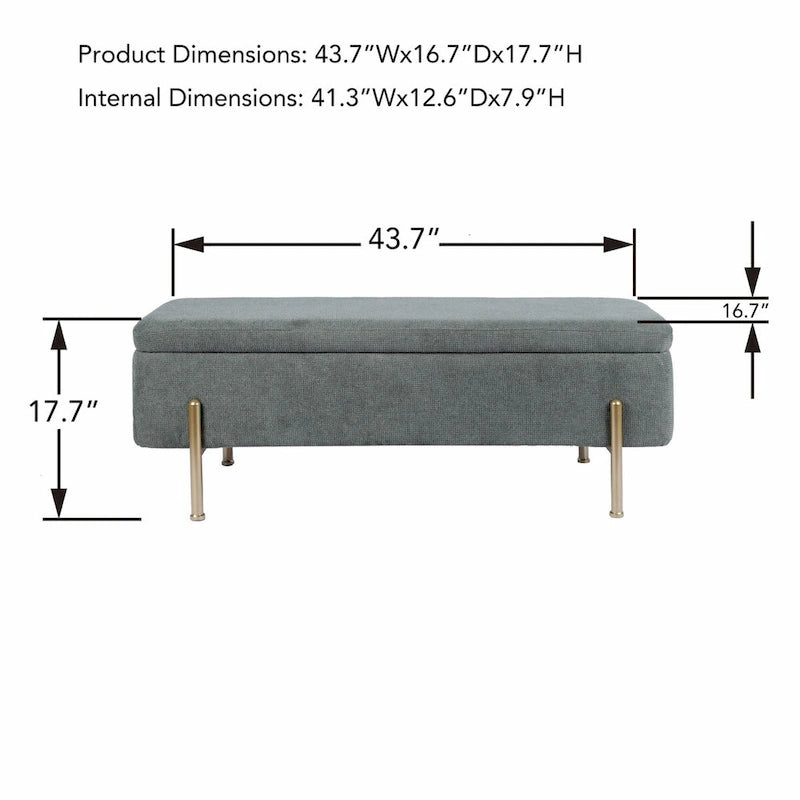 Green Chenille Upholstered Storage Bench with Gold Metal Legs and Dual Safety Hinges, 260 lbs