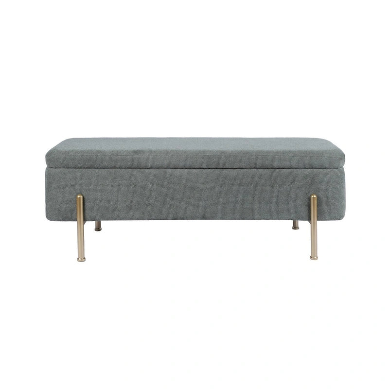 Green Chenille Upholstered Storage Bench with Gold Metal Legs and Dual Safety Hinges, 260 lbs