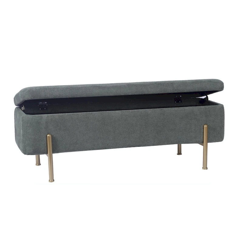 Green Chenille Upholstered Storage Bench with Gold Metal Legs and Dual Safety Hinges, 260 lbs