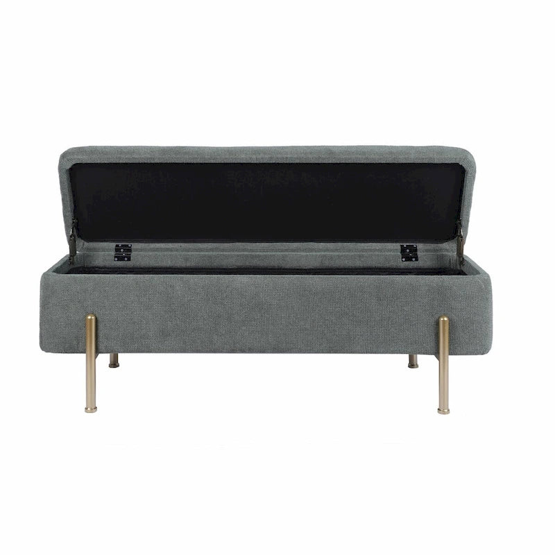 Green Chenille Upholstered Storage Bench with Gold Metal Legs and Dual Safety Hinges, 260 lbs