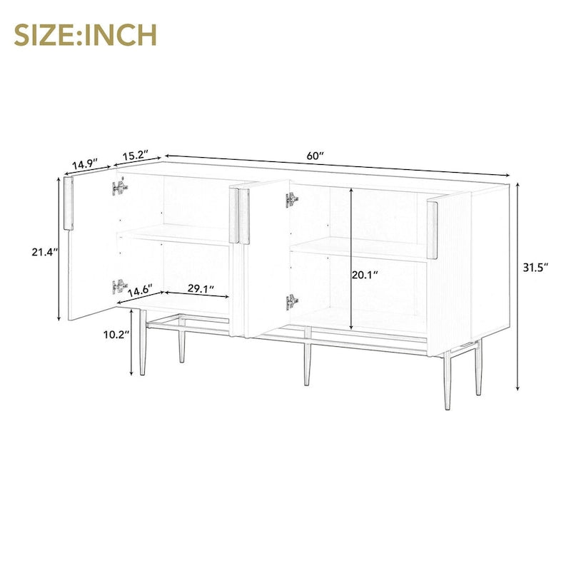 4-Door Sideboard Buffet Cabinet with Gold Handles and Adjustable Shelves, 60x15x31.5