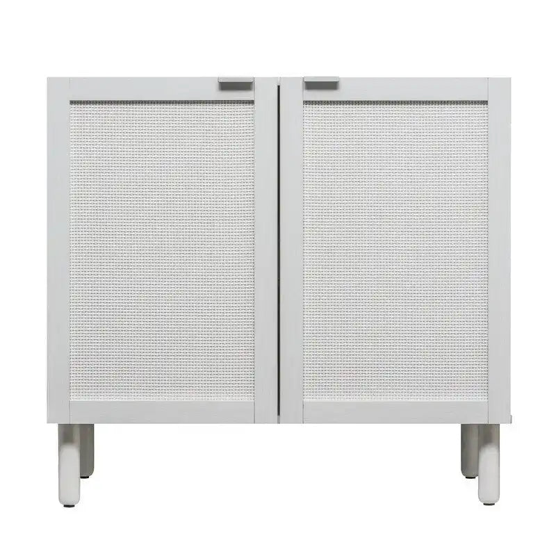 White 2-Door Cabinet with Rattan Panels, Wood Legs and Adjustable Shelf