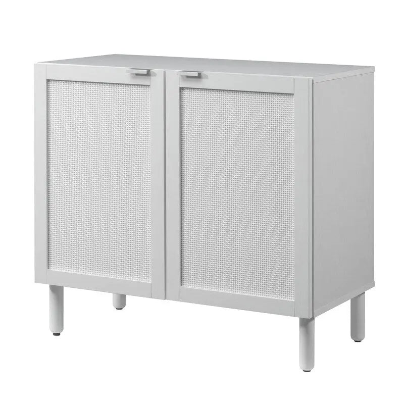 White 2-Door Cabinet with Rattan Panels, Wood Legs and Adjustable Shelf