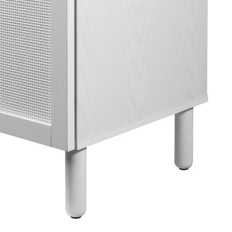 White 2-Door Cabinet with Rattan Panels, Wood Legs and Adjustable Shelf