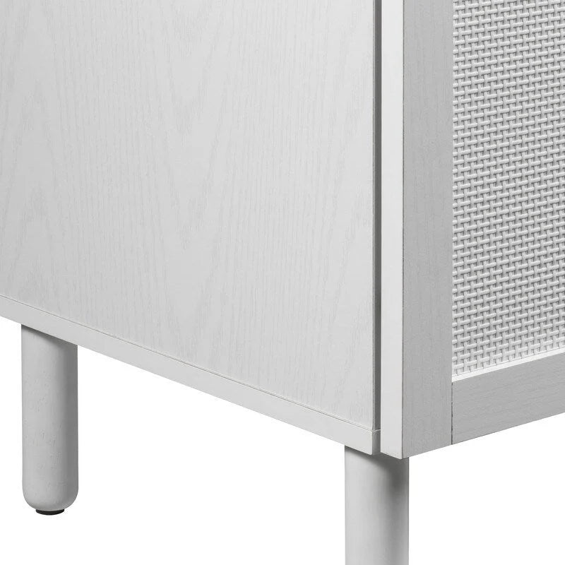 White 2-Door Cabinet with Rattan Panels, Wood Legs and Adjustable Shelf