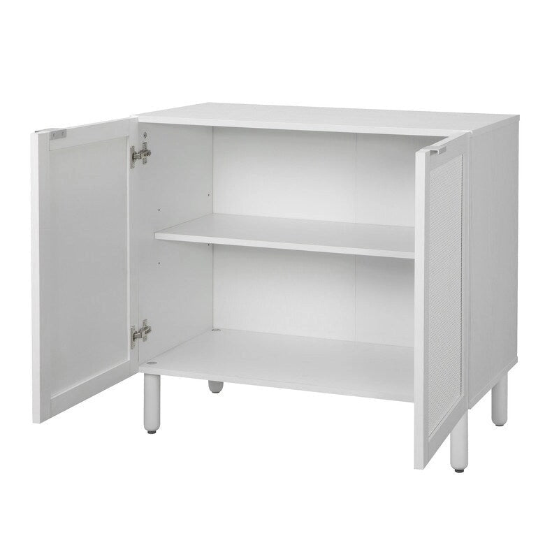 White 2-Door Cabinet with Rattan Panels, Wood Legs and Adjustable Shelf