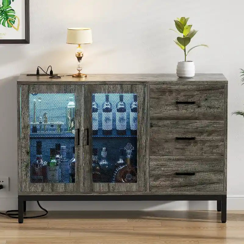45-Inch Wood Sideboard Bar Cabinet with Charging Station and LED Lights
