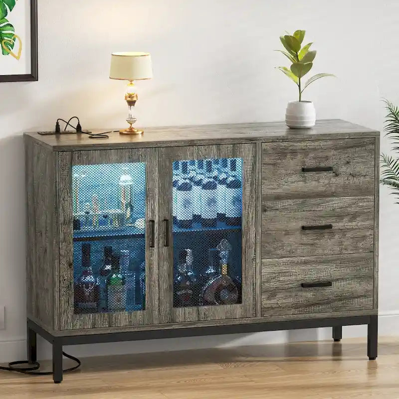 45-Inch Wood Sideboard Bar Cabinet with Charging Station and LED Lights