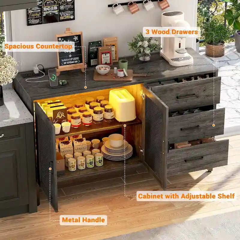 45-Inch Wood Sideboard Bar Cabinet with Charging Station and LED Lights